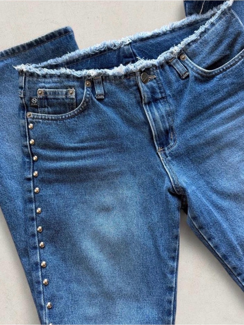 ISSI Denim Boot-Cut Jeans in Medium Blue with Stud Trim